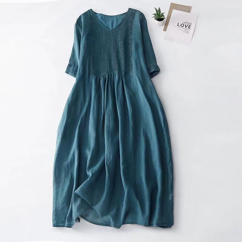 Creative Vault Marketplace lake blue cotton linen midi dress with V-neck, half sleeves, and vintage pleated bodice.