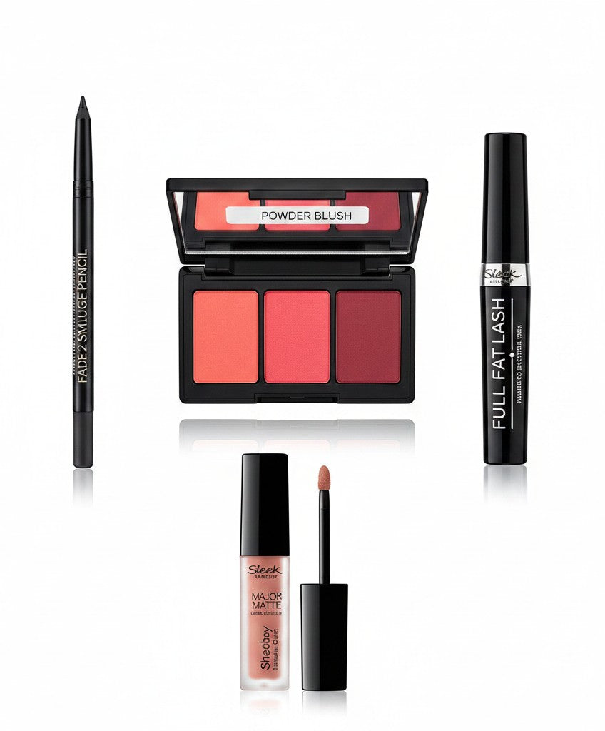 Creative Vault Marketplace makeup set featuring black eyeliner pencil, powder blush palette, mascara, and matte lip cream