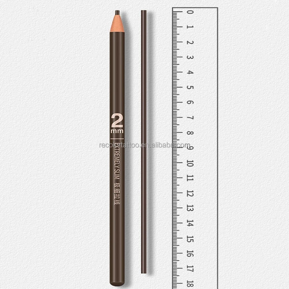 Creative Vault Marketplace waterproof 2mm fine-tip microblading eyebrow pencil in dark brown next to a ruler.
