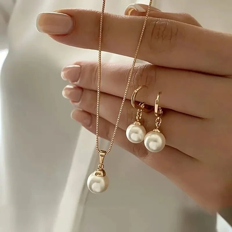 Fashion Elegant Imitation Pearl Pendant Jewelry Set for Women Vintage Gold Color Chain Necklace Earring Girl Wedding Party Gifts by Creative Vault Marketplace