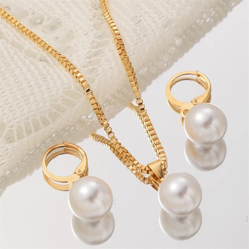 Fashion Elegant Imitation Pearl Pendant Jewelry Set for Women Vintage Gold Color Chain Necklace Earring Girl Wedding Party Gifts by Creative Vault Marketplace