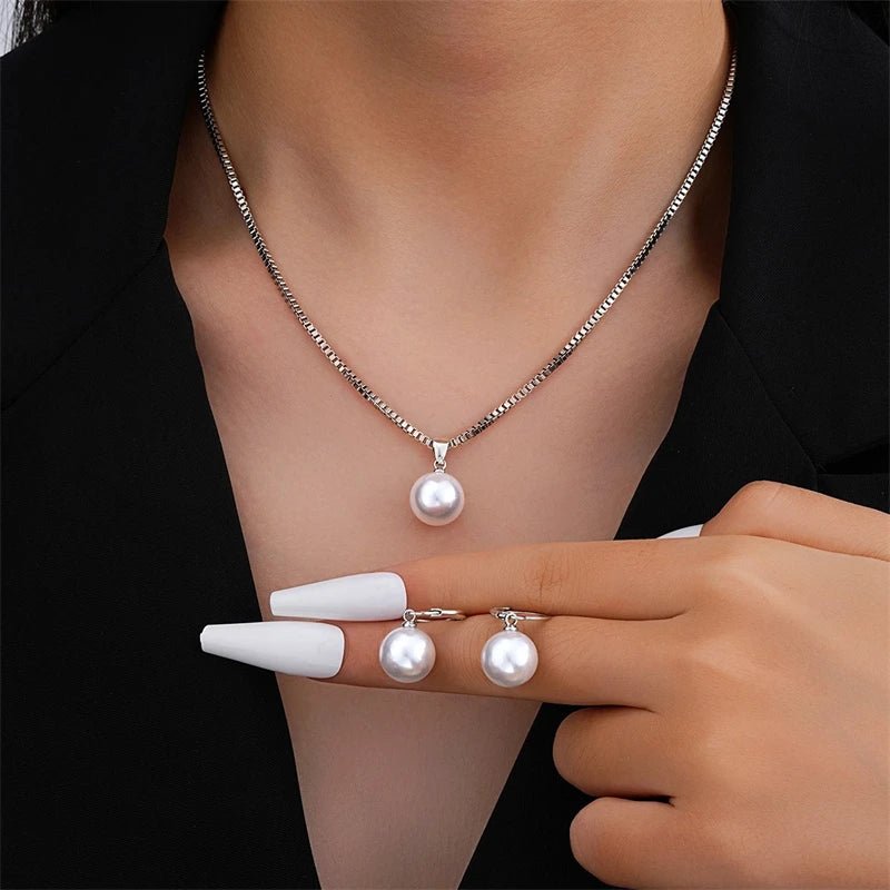 Fashion Elegant Imitation Pearl Pendant Jewelry Set for Women Vintage Gold Color Chain Necklace Earring Girl Wedding Party Gifts by Creative Vault Marketplace
