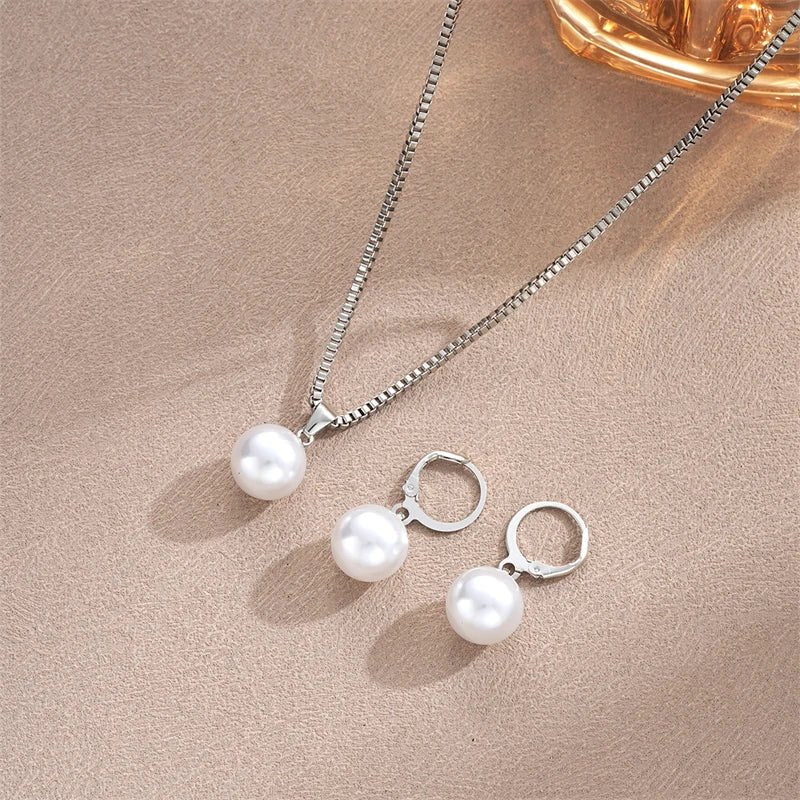 Fashion Elegant Imitation Pearl Pendant Jewelry Set for Women Vintage Gold Color Chain Necklace Earring Girl Wedding Party Gifts by Creative Vault Marketplace