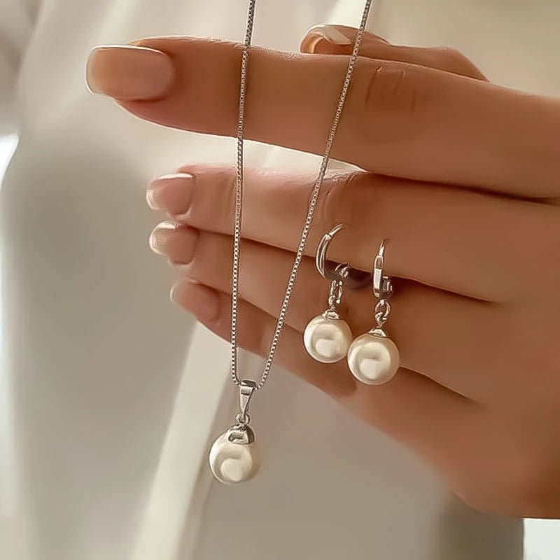 Fashion Elegant Imitation Pearl Pendant Jewelry Set for Women Vintage Gold Color Chain Necklace Earring Girl Wedding Party Gifts by Creative Vault Marketplace