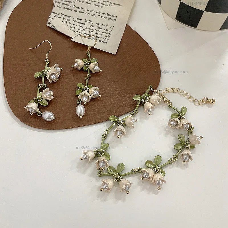 Flower Jewelry Gifts Lilies Of The Valley Bracelet Earrings Necklace Set Super Fairy Stud Earrings Girls Clavicle Chain Подвеска by Creative Vault Marketplace