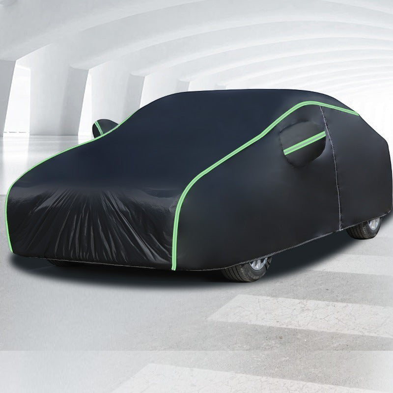 Creative Vault Marketplace all-season black Oxford cloth car cover with reflective green safety piping