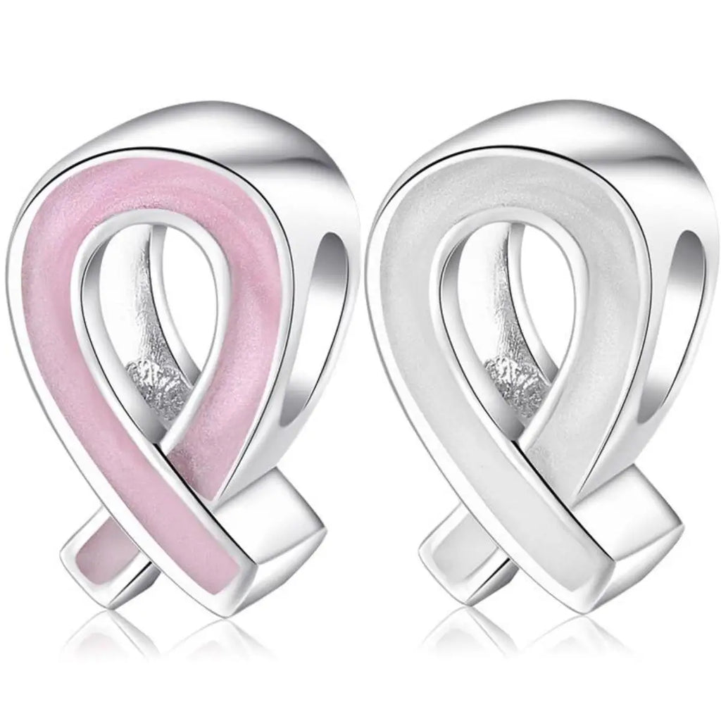 925 Sterling Silver Faith Pink White Slight Flicker Beads Ribbon Charms Plated Platinum Fine Jewelry for Women Bracelet Diy by Creative Vault Marketplace