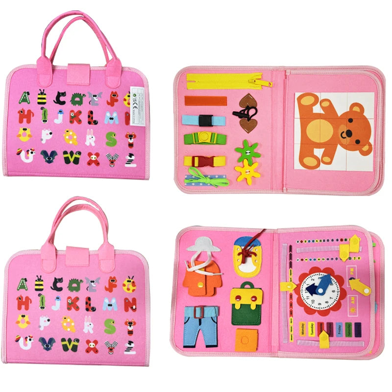 Children's travel toy felt activity quiet busy board, an educational sensory learning book for basic dressing hand movements by Creative Vault Marketplace