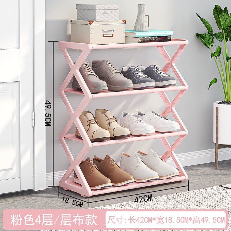 Creative Vault Marketplace pink 4-tier X-frame metal shoe rack with various shoes displayed in a modern home entryway