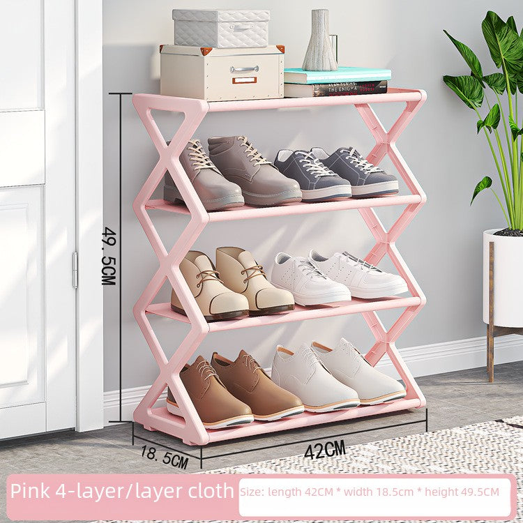 Creative Vault Marketplace pink 4-tier X-frame metal shoe rack with various shoes displayed in a bright entryway