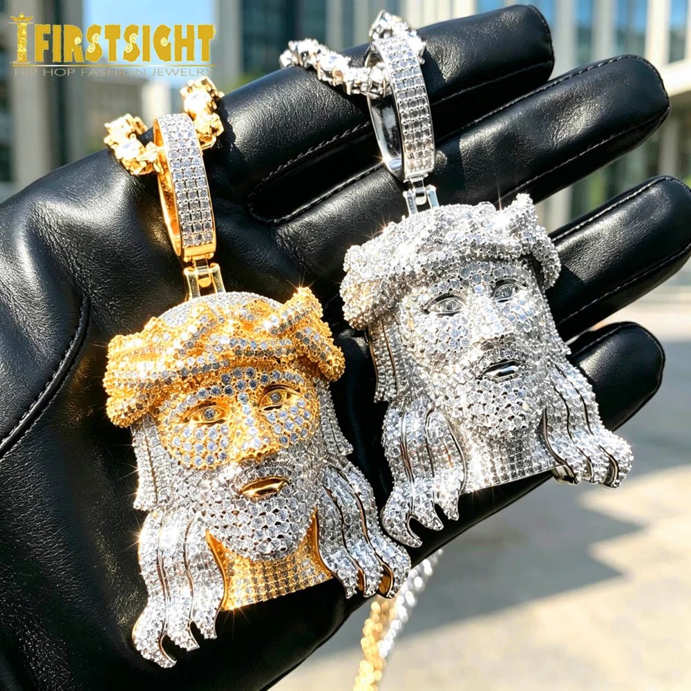 New Iced Out Bling CZ Religious Jesus Head Pendant Necklace Gold Color 5A Zircon Faith Charm Men's Hip Hop Jewelry by Creative Vault Marketplace
