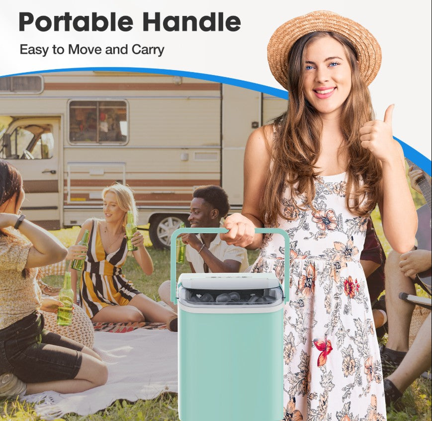 Creative Vault Marketplace portable mint green ice maker with handle held by a woman at an outdoor picnic