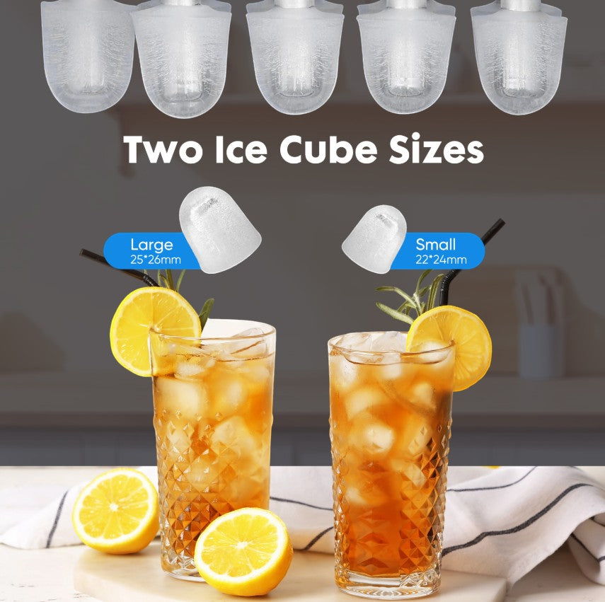 Creative Vault Marketplace portable ice maker produces two sizes of clear ice cubes for chilled drinks and cocktails.