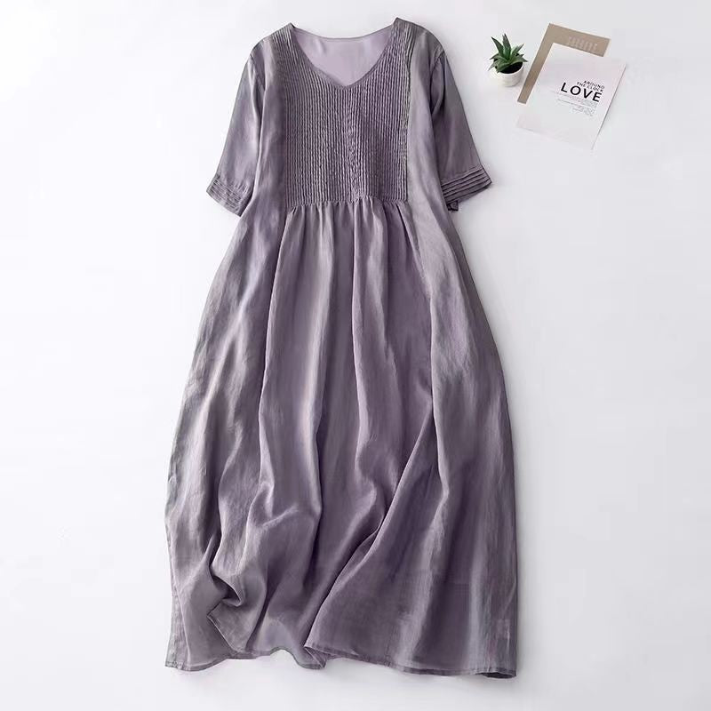 Creative Vault Marketplace purple cotton linen midi dress with V-neck, half sleeves, and vintage organ pleated bodice.