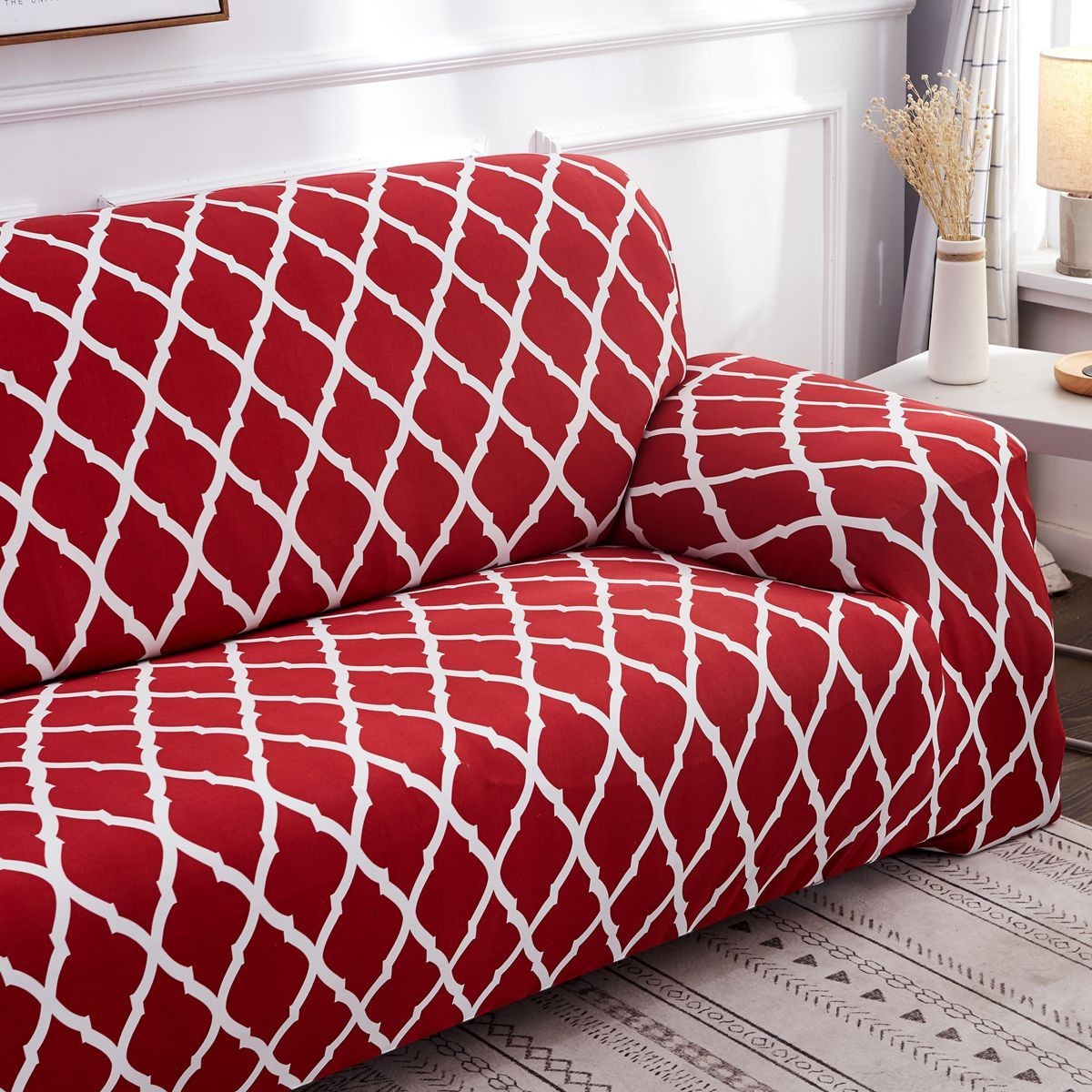 Creative Vault Marketplace red elastic sofa cover with a white geometric lattice pattern made from polyester and spandex