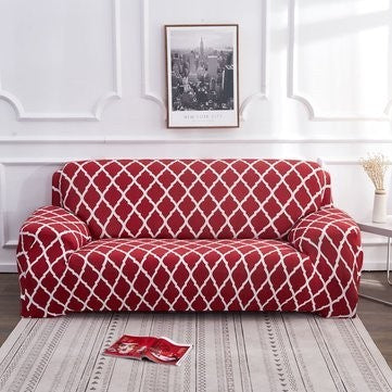 Creative Vault Marketplace red sofa cover with white lattice pattern in a modern living room setting