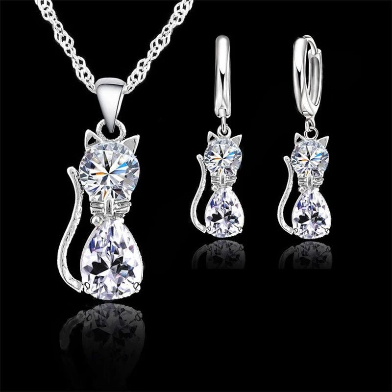 Real 925 Sterling Silver Color Jewelry Sets for Woman Girls Shining Austrian Crystal Cute Cat Pendant Necklace Huggie Earring by Creative Vault Marketplace