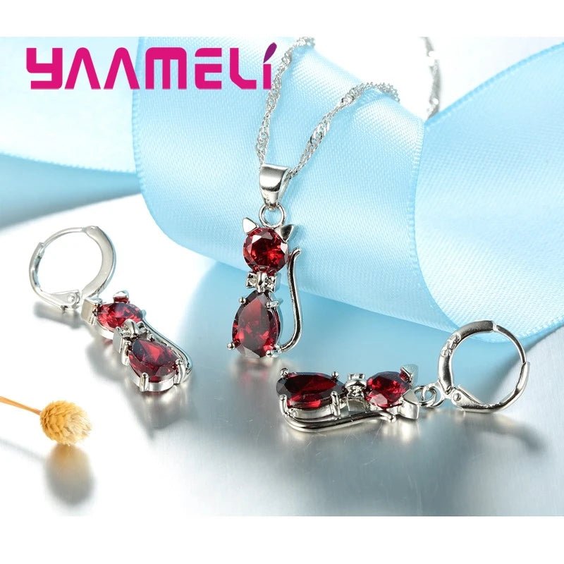 Real 925 Sterling Silver Color Jewelry Sets for Woman Girls Shining Austrian Crystal Cute Cat Pendant Necklace Huggie Earring by Creative Vault Marketplace