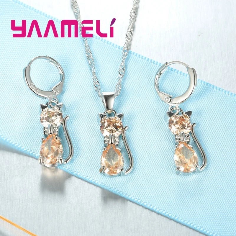Real 925 Sterling Silver Color Jewelry Sets for Woman Girls Shining Austrian Crystal Cute Cat Pendant Necklace Huggie Earring by Creative Vault Marketplace