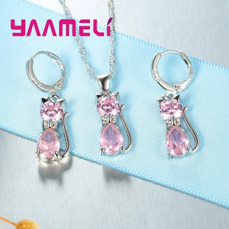 Real 925 Sterling Silver Color Jewelry Sets for Woman Girls Shining Austrian Crystal Cute Cat Pendant Necklace Huggie Earring by Creative Vault Marketplace