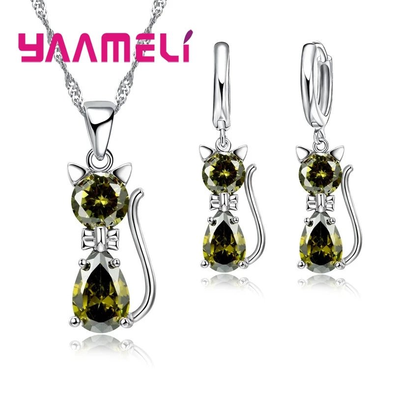 Real 925 Sterling Silver Color Jewelry Sets for Woman Girls Shining Austrian Crystal Cute Cat Pendant Necklace Huggie Earring by Creative Vault Marketplace