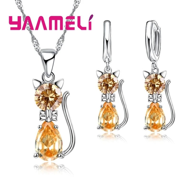 Real 925 Sterling Silver Color Jewelry Sets for Woman Girls Shining Austrian Crystal Cute Cat Pendant Necklace Huggie Earring by Creative Vault Marketplace