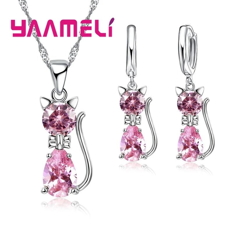 Real 925 Sterling Silver Color Jewelry Sets for Woman Girls Shining Austrian Crystal Cute Cat Pendant Necklace Huggie Earring by Creative Vault Marketplace