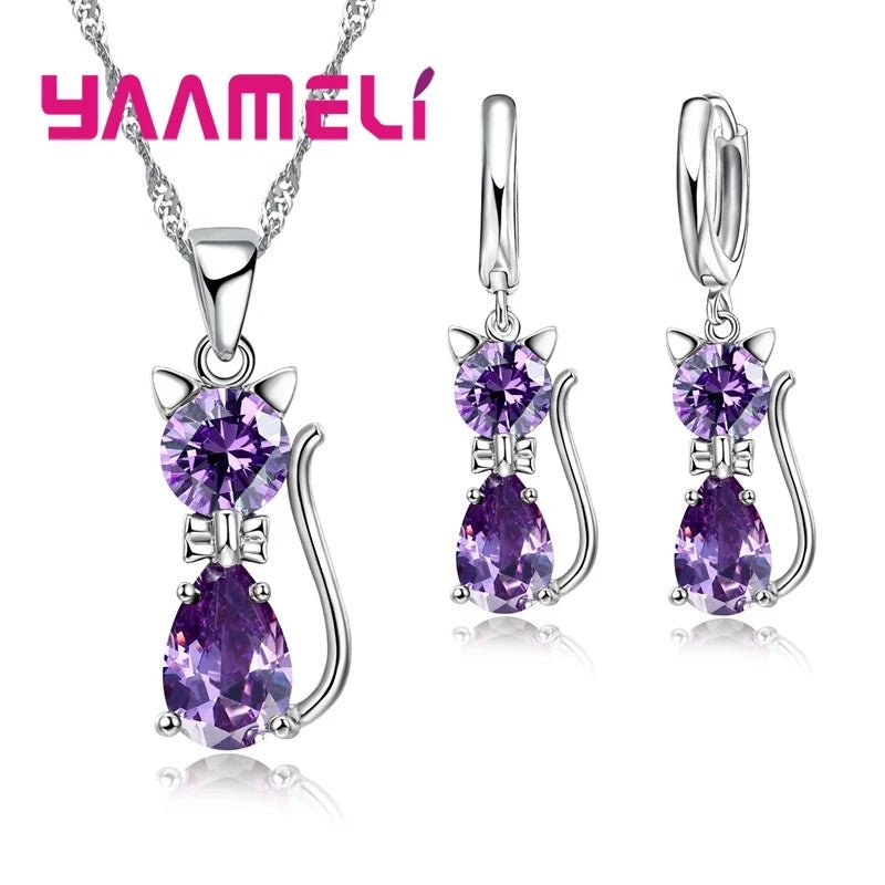 Real 925 Sterling Silver Color Jewelry Sets for Woman Girls Shining Austrian Crystal Cute Cat Pendant Necklace Huggie Earring by Creative Vault Marketplace