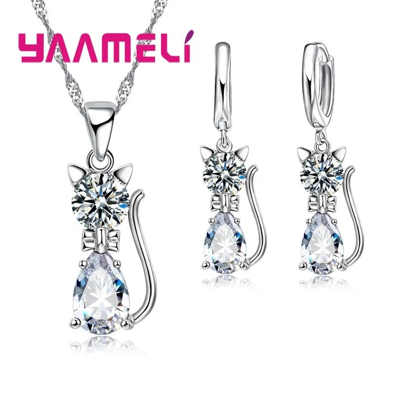 Real 925 Sterling Silver Color Jewelry Sets for Woman Girls Shining Austrian Crystal Cute Cat Pendant Necklace Huggie Earring by Creative Vault Marketplace