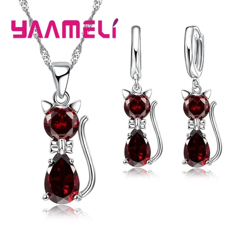 Real 925 Sterling Silver Color Jewelry Sets for Woman Girls Shining Austrian Crystal Cute Cat Pendant Necklace Huggie Earring by Creative Vault Marketplace