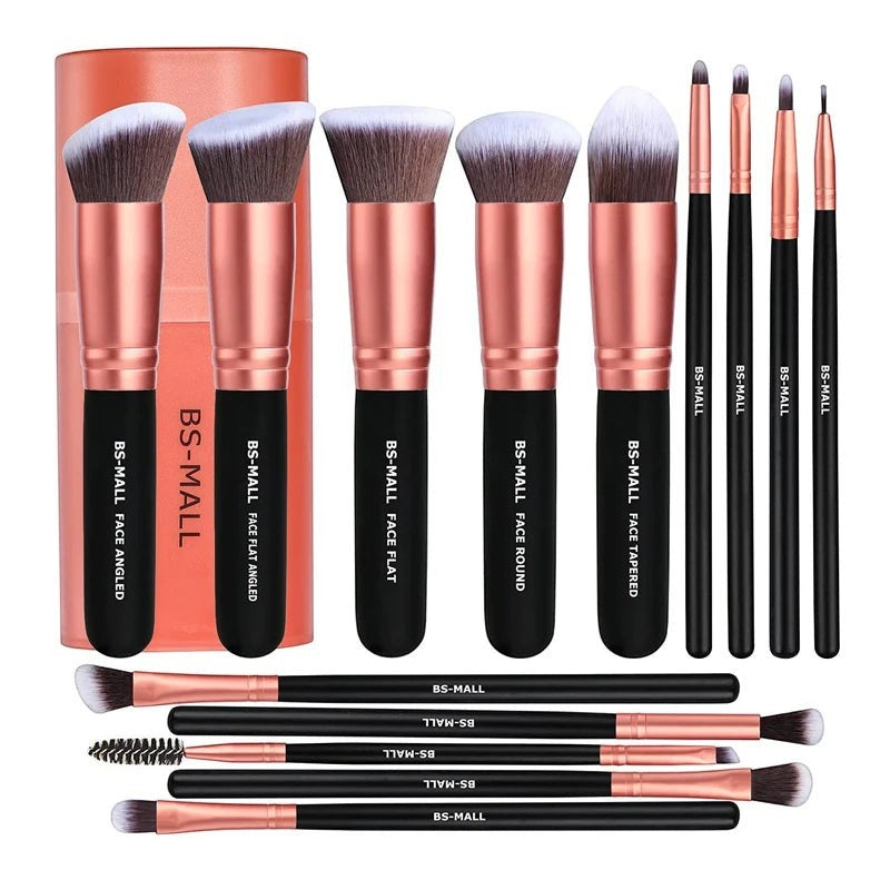 Creative Vault Marketplace BS-MALL 14-piece makeup brush set with rose gold ferrules and black wooden handles
