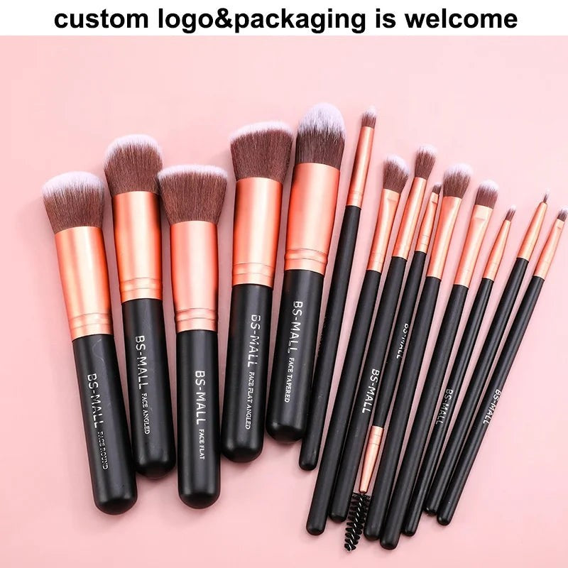 Creative Vault Marketplace BS-MALL 14-piece makeup brush set with rose gold ferrules and black wooden handles.