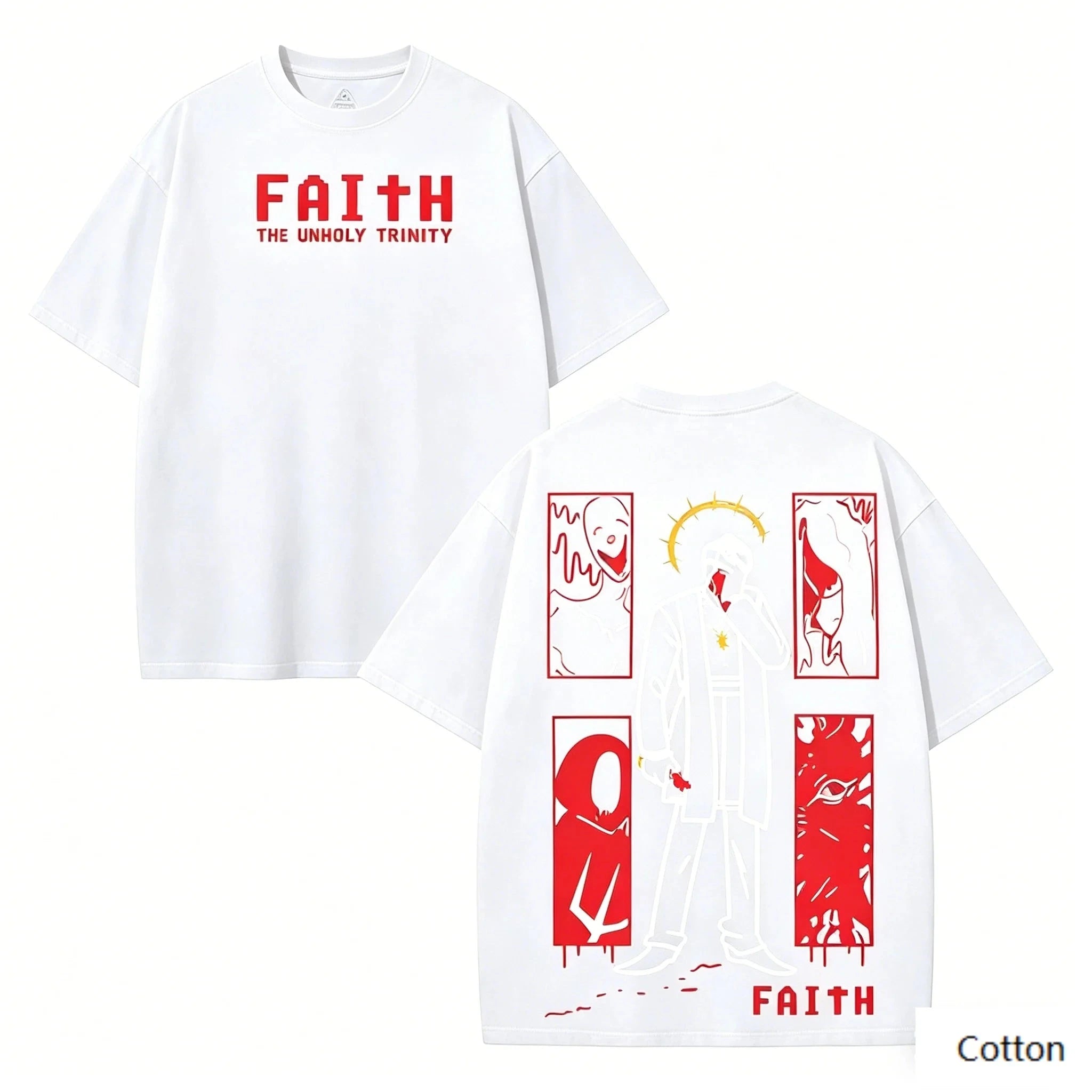 Faith The Unholy Trinity Double Sided Graphic T Shirt, 100% Cotton Unisex, Gothic Streetwear, Dark Religion Fan Tee by Creative Vault Marketplace
