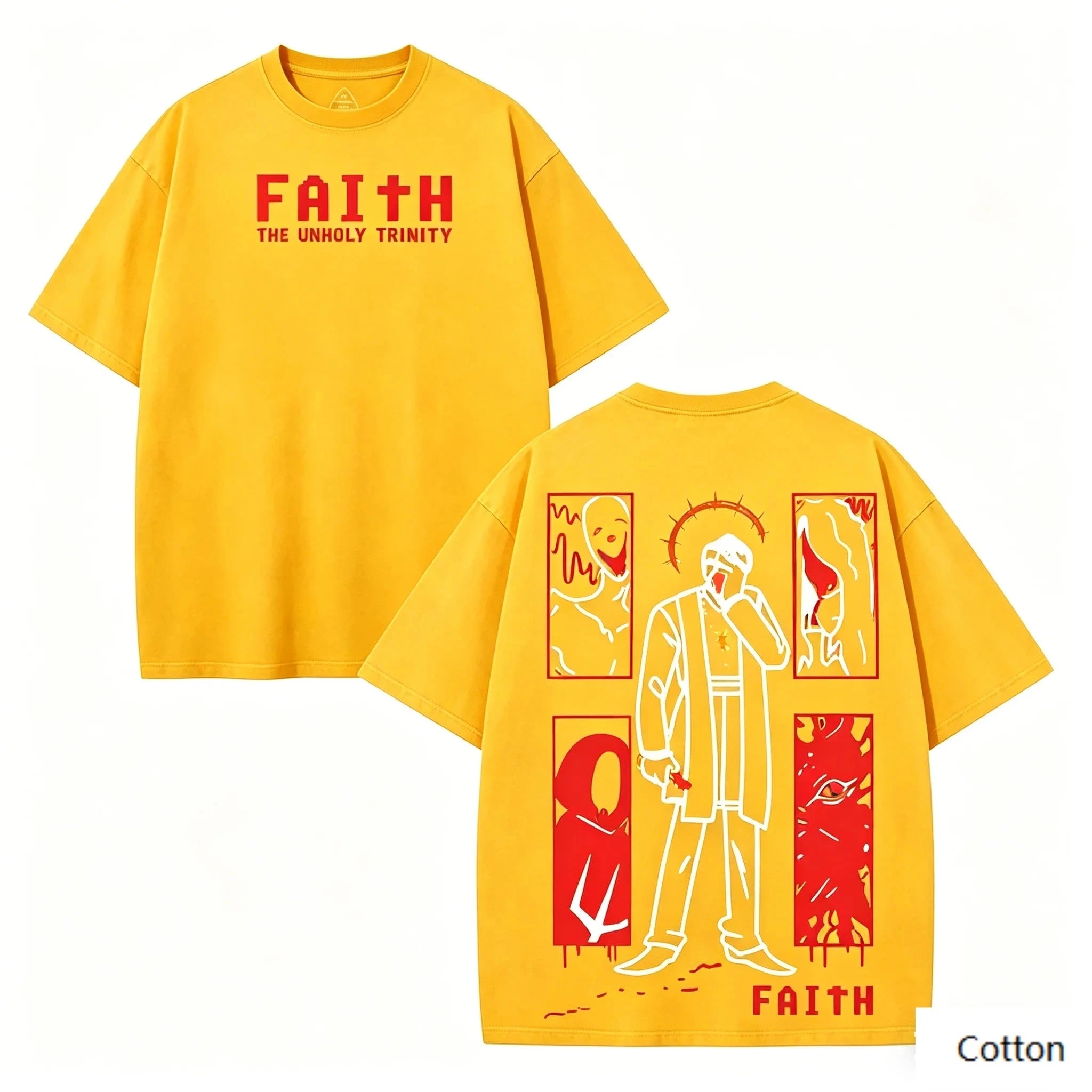 Faith The Unholy Trinity Double Sided Graphic T Shirt, 100% Cotton Unisex, Gothic Streetwear, Dark Religion Fan Tee by Creative Vault Marketplace