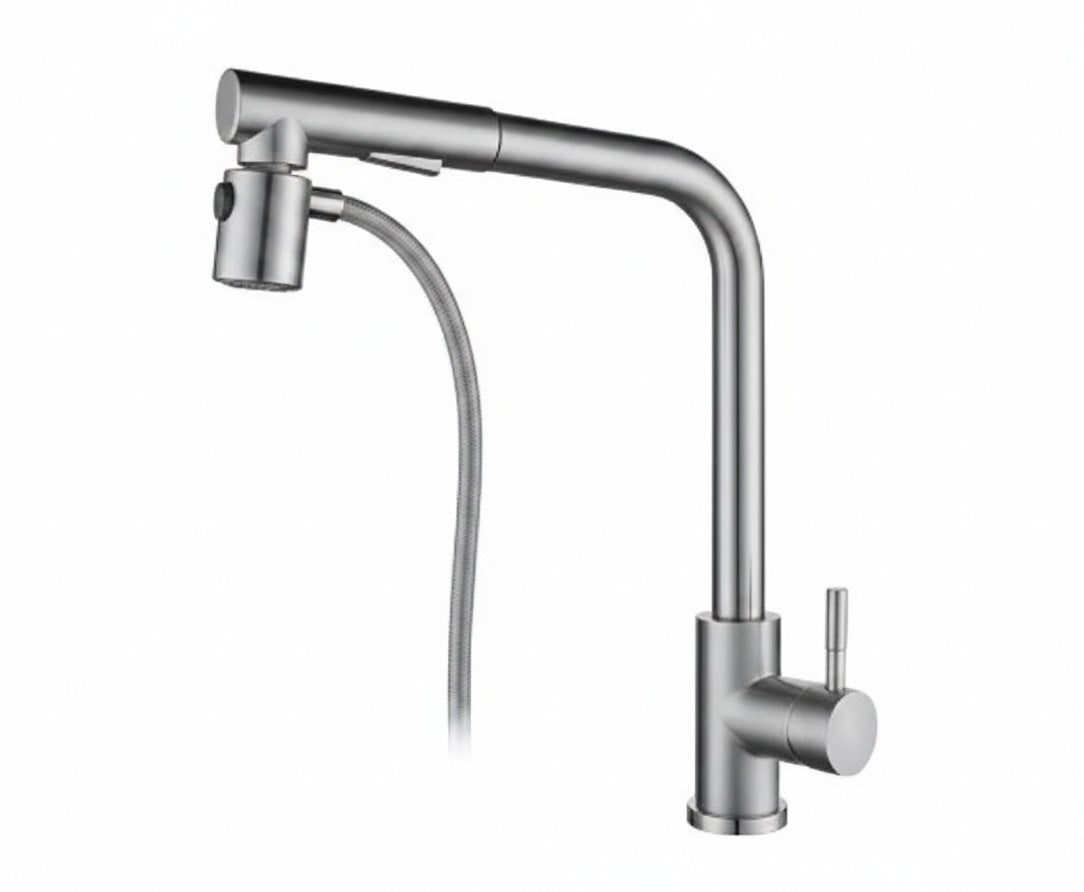 Creative Vault Marketplace stainless steel retractable kitchen faucet in silver chrome finish with pull-down sprayer