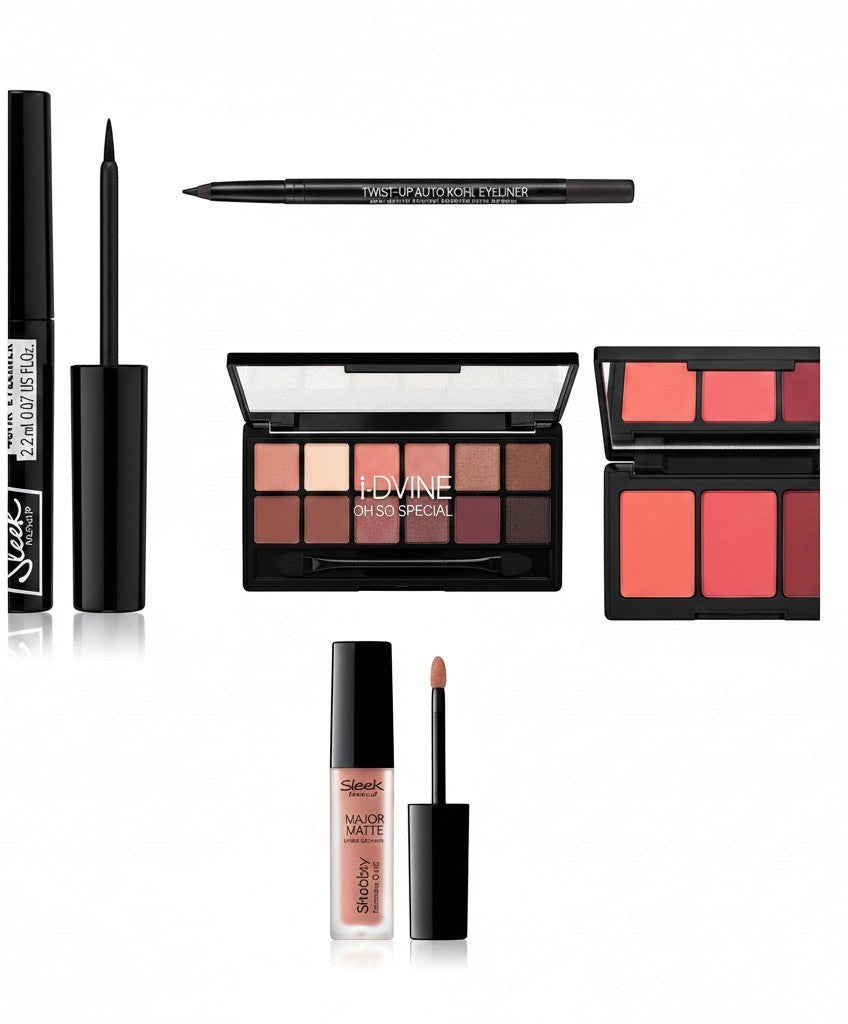 Creative Vault Marketplace Sleek MakeUP cosmetic set featuring liquid eyeliner, eyeshadow palette, blush, and lip gloss.