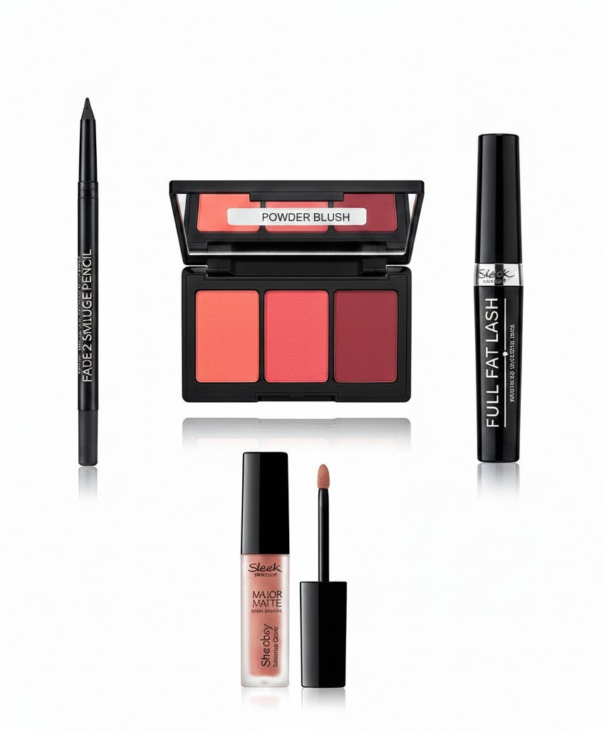 Creative Vault Marketplace makeup set featuring Sleek MakeUP eyeliner, blush palette, mascara, and matte lip cream.