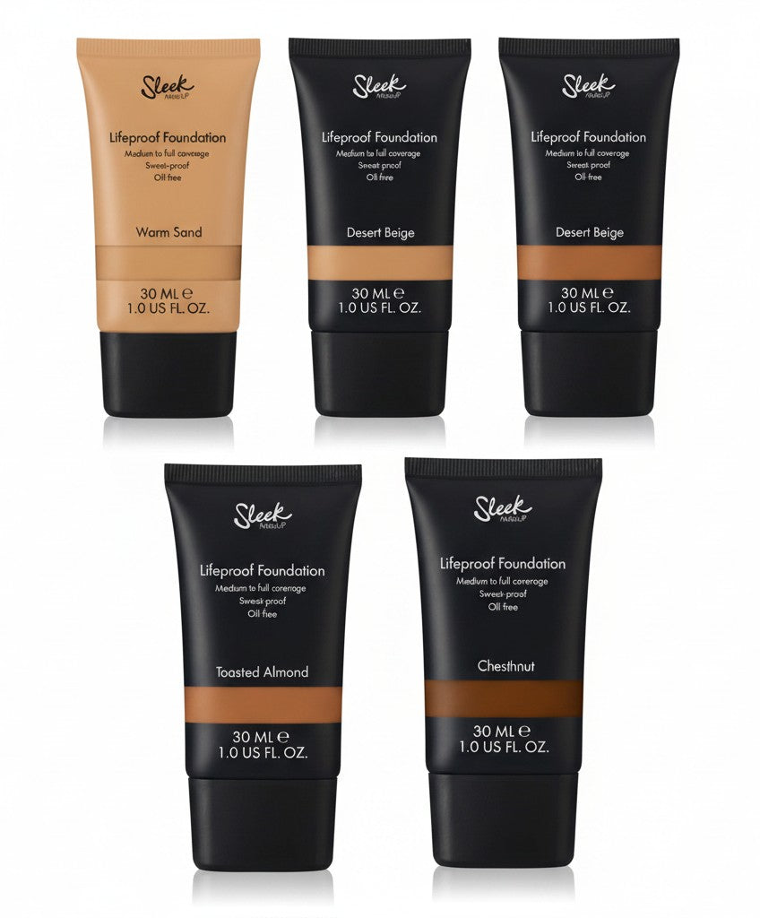 Creative Vault Marketplace Sleek MakeUP Lifeproof Foundation tubes in various shades including Warm Sand and Chestnut.