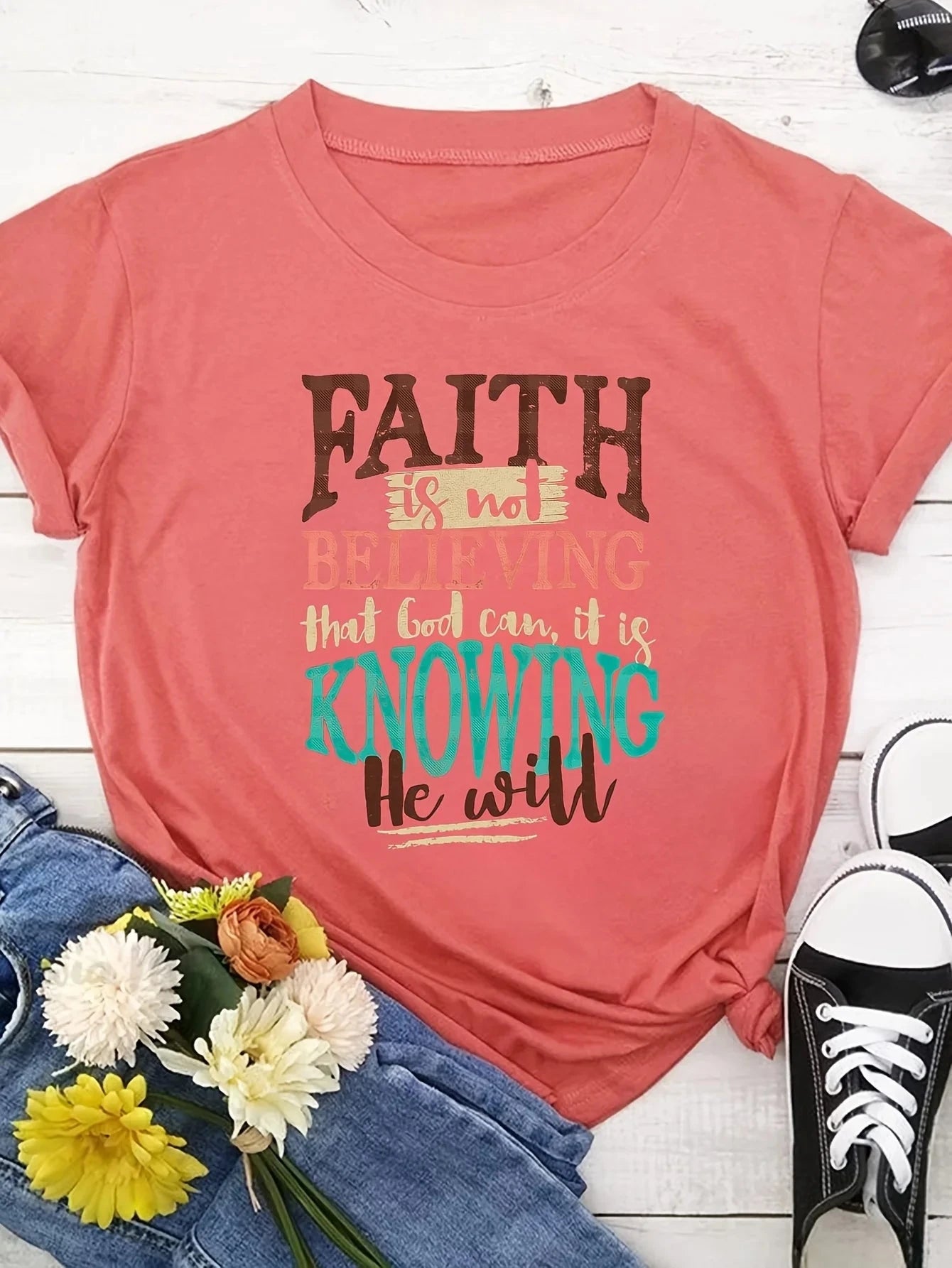 Faith Is Not Believing Women's Tee - Inspirational Bible Quote Graphic, Casual Rust Top by Creative Vault Marketplace
