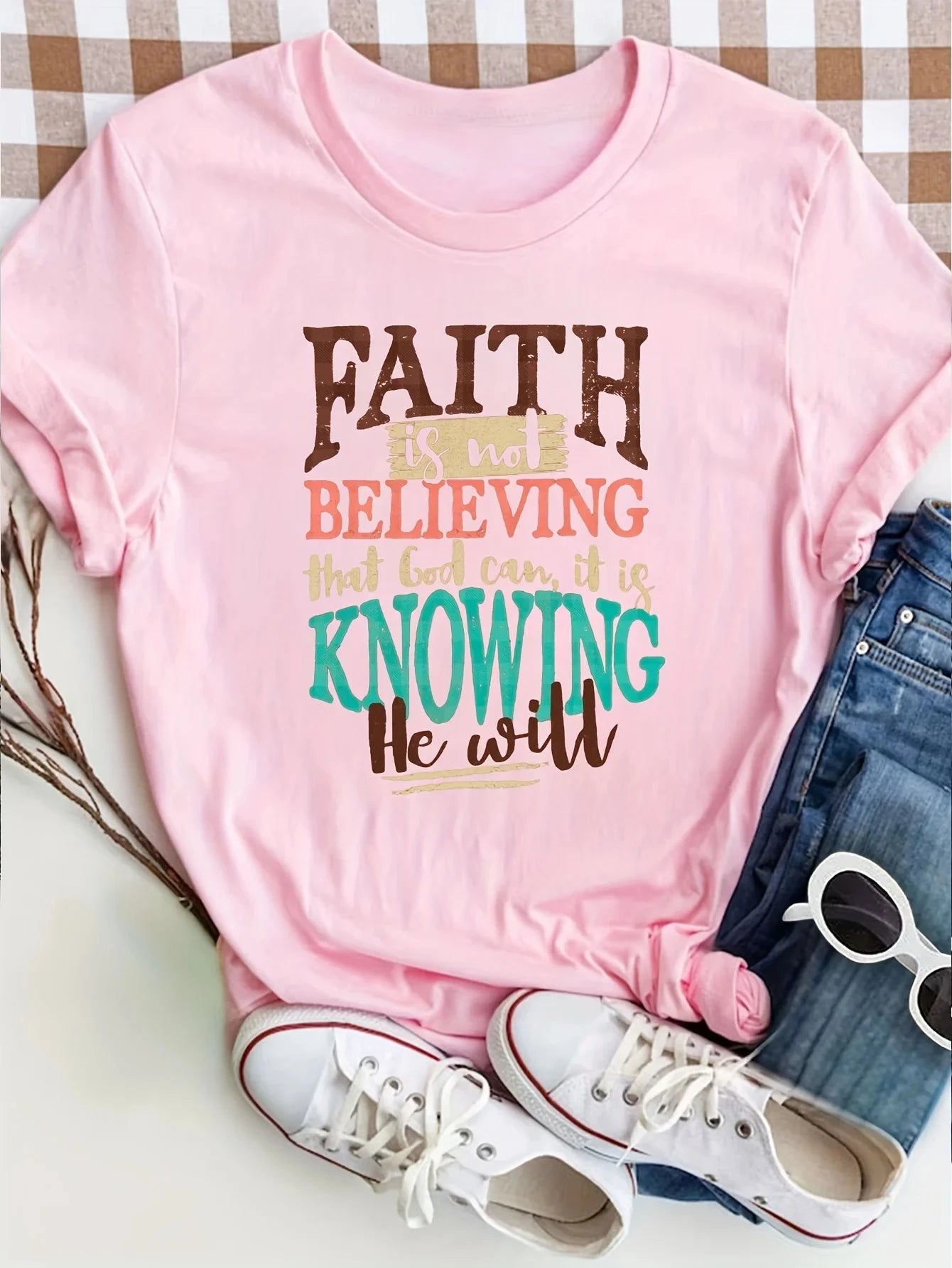 Faith Is Not Believing Women's Tee - Inspirational Bible Quote Graphic, Casual Rust Top by Creative Vault Marketplace