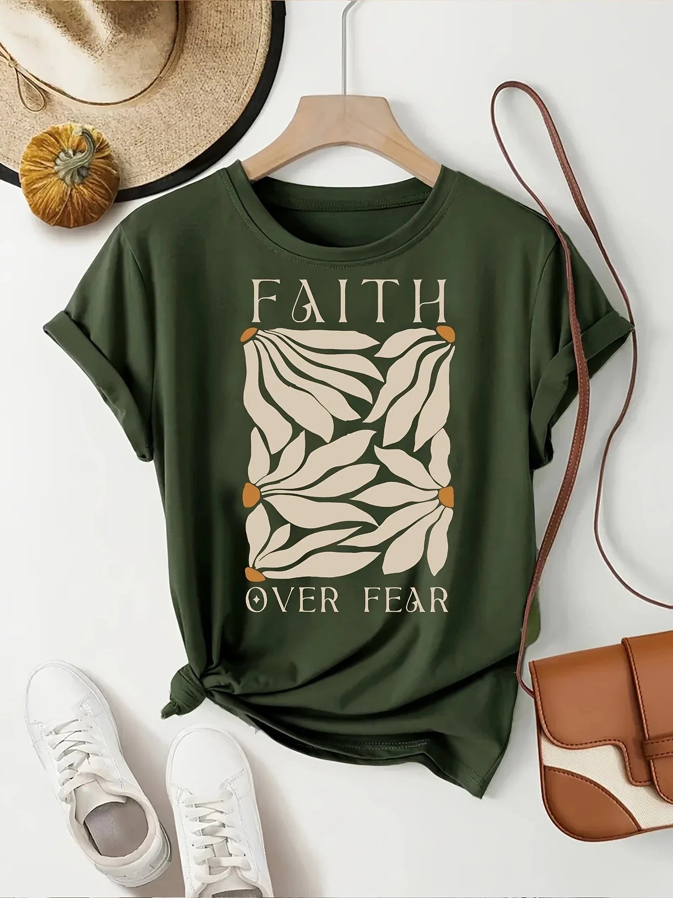 Faith Over Fear Women's Tee - Minimalist Leaf Graphic, Inspirational Casual Top by Creative Vault Marketplace