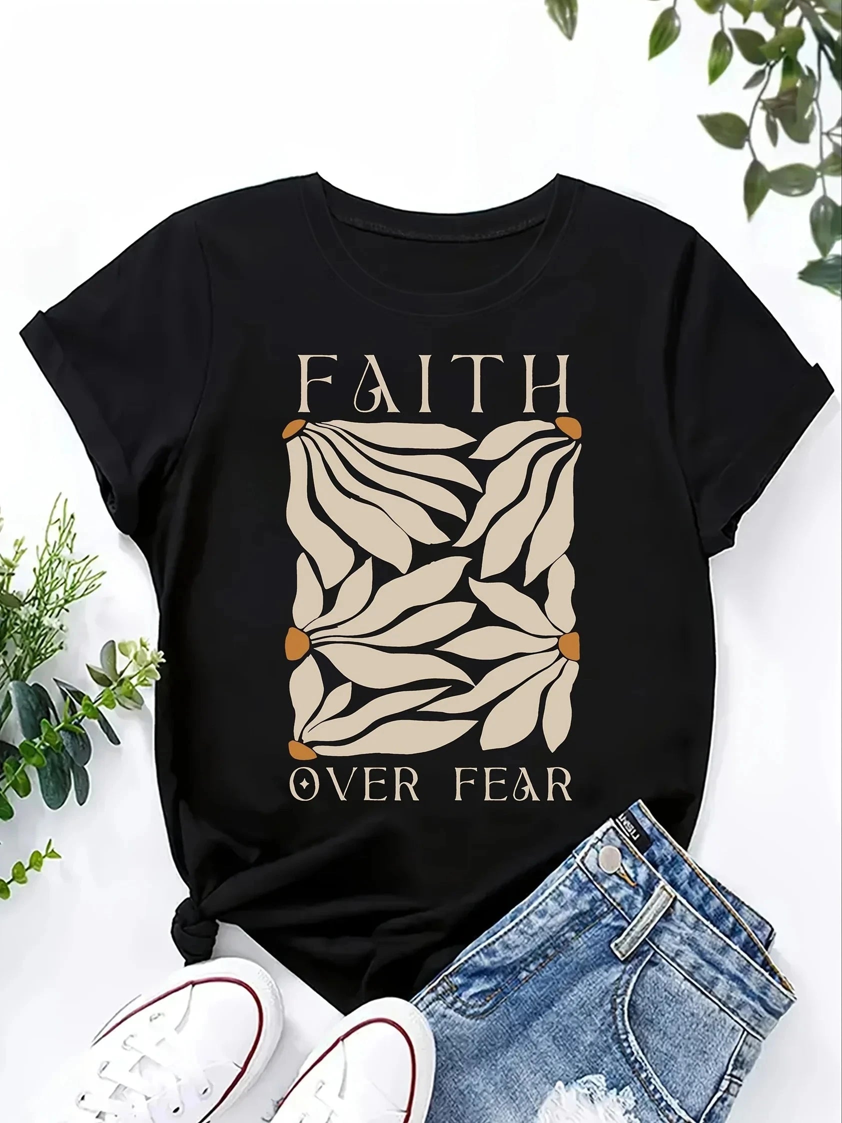 Faith Over Fear Women's Tee - Minimalist Leaf Graphic, Inspirational Casual Top by Creative Vault Marketplace