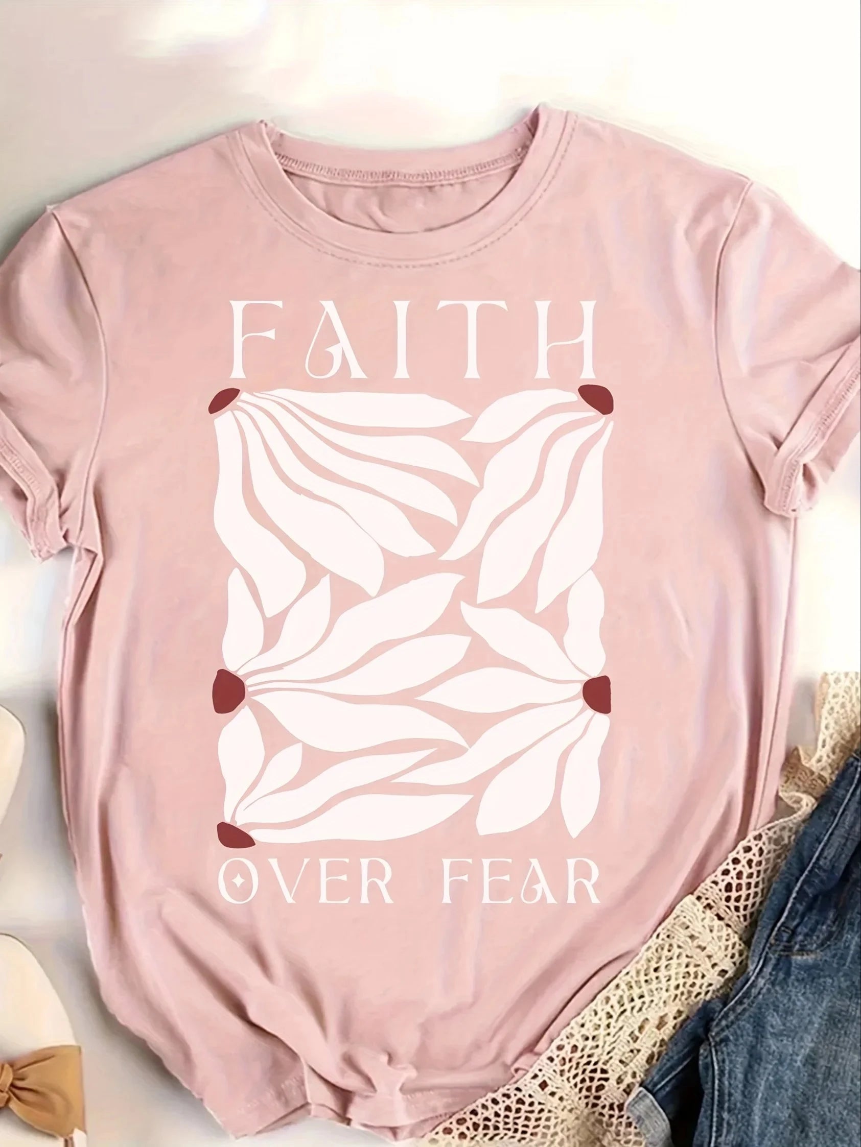 Faith Over Fear Women's Tee - Minimalist Leaf Graphic, Inspirational Casual Top by Creative Vault Marketplace