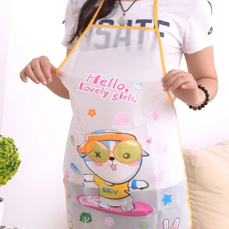 Creative Vault Marketplace waterproof PVC kitchen apron featuring a playful cartoon character and yellow trim