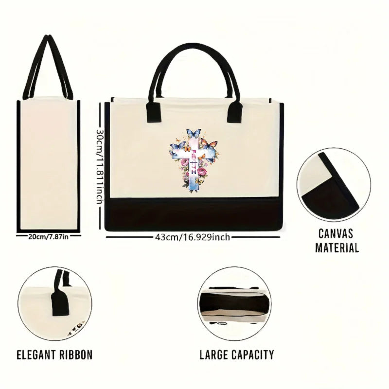Cream and black cross of faith with butterfly and flower print canvas tote, suitable for church and daily use by Creative Vault Marketplace