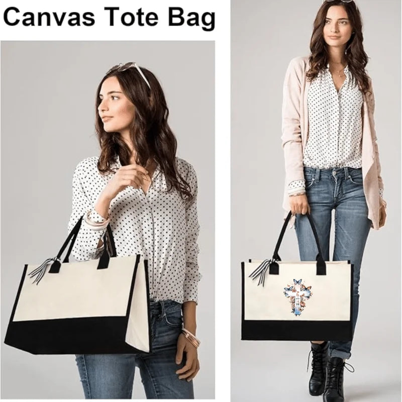 Cream and black cross of faith with butterfly and flower print canvas tote, suitable for church and daily use by Creative Vault Marketplace