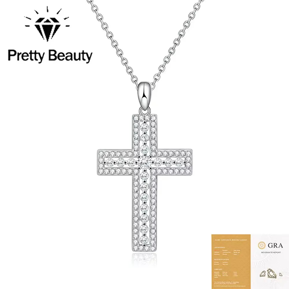 Pretty Beauty 925 Silver Moissanite Cross Necklace White Gold Plated Pave Cross Pendant Faith Christian Jewelry Gift for Women by Creative Vault Marketplace