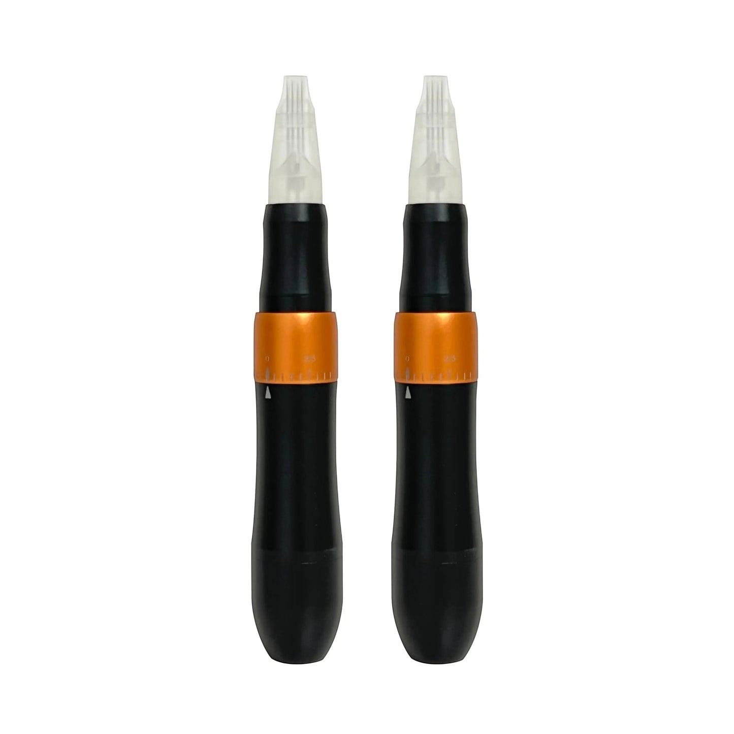 Creative Vault Marketplace wireless tattoo pen machine in black and orange with a clear cartridge needle attached.
