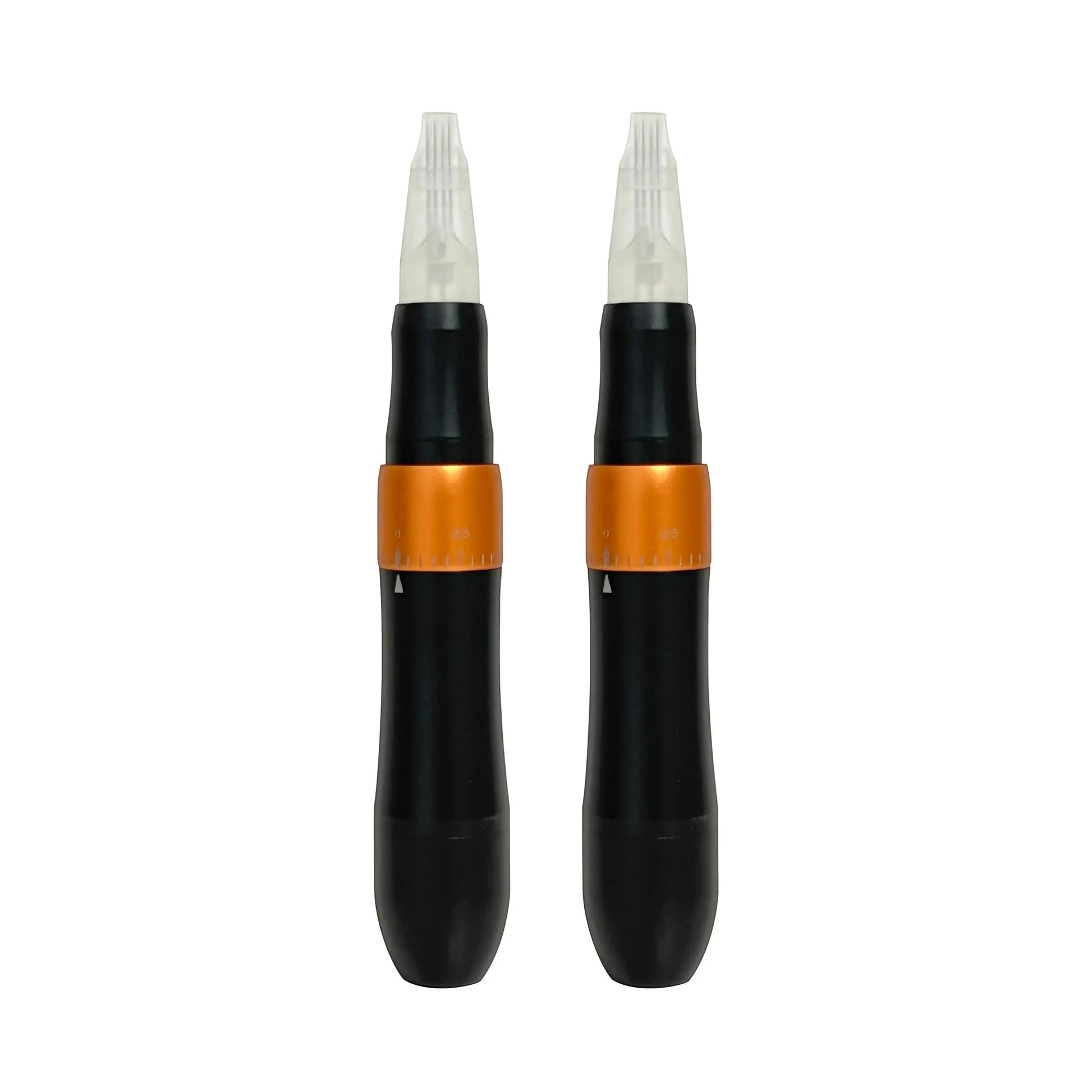 Creative Vault Marketplace wireless tattoo pen machine in black and orange with a clear cartridge needle attached.