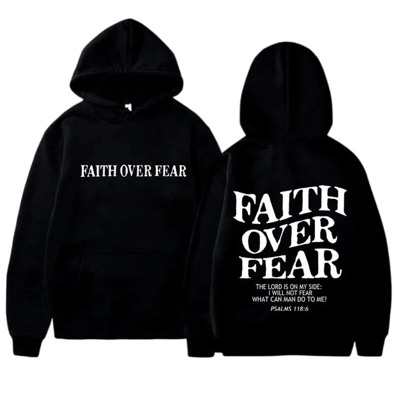Men's Faith Over Fear Graphic Hoodie Black Pullover Sweatshirt Comfortable Blend Fabric Inspirational Streetwear Hooded Top by Creative Vault Marketplace